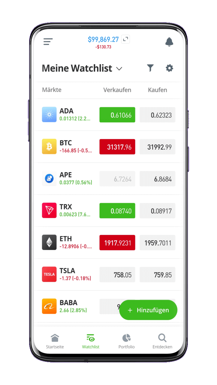 eToro Schweiz App Watchlist